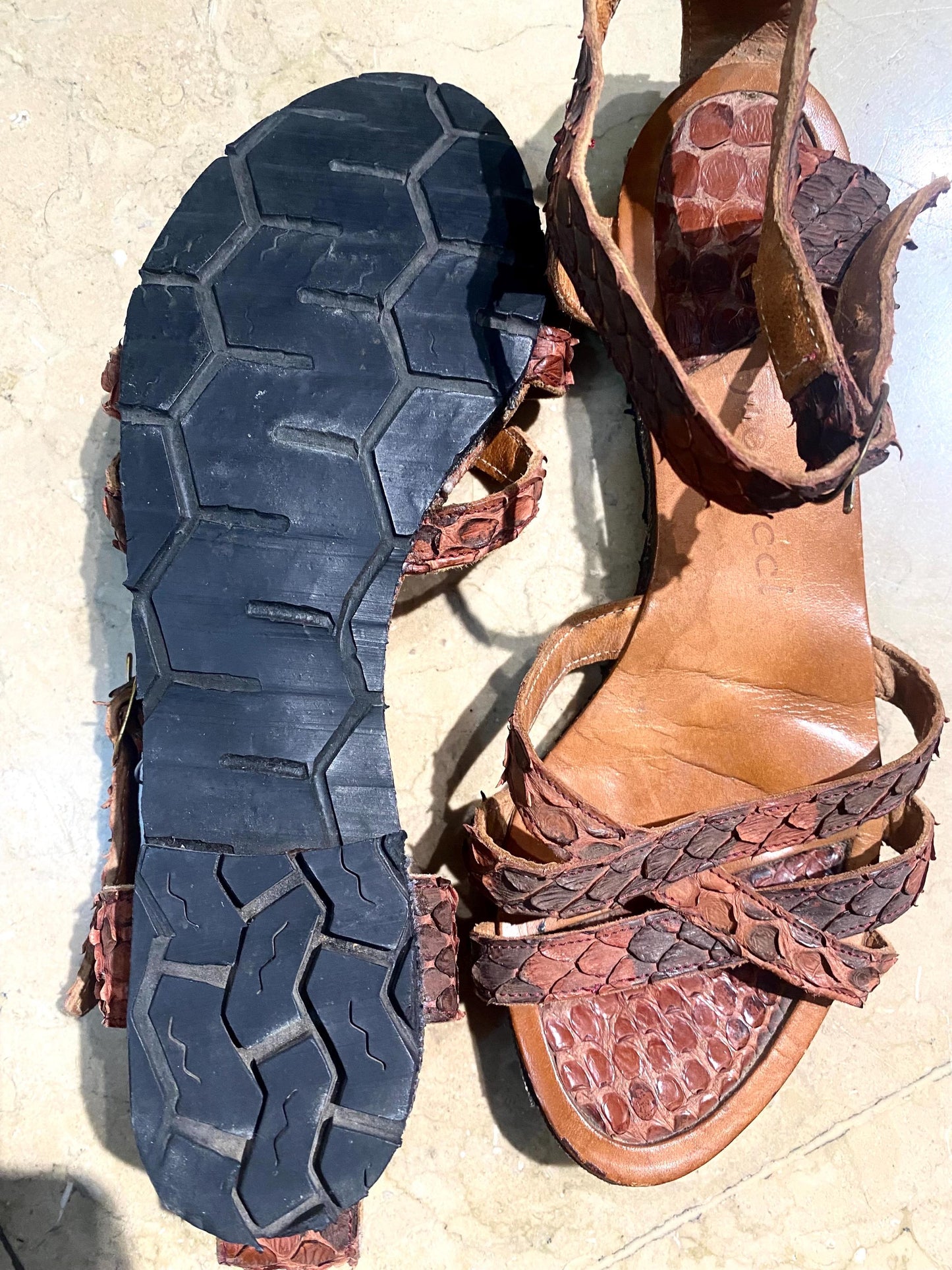 Fiorucci rare real snake sandals w recycled tyres sole, 1970s NOS unworn sz 36