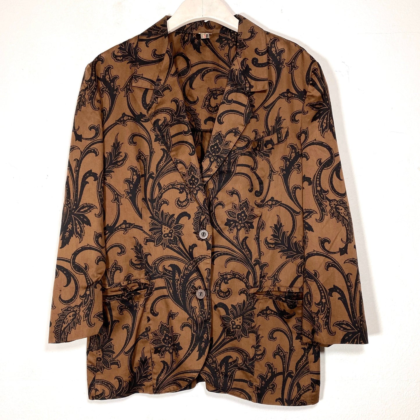 Swan brown light cotton blazer with black baroque print allover, NOS 70s