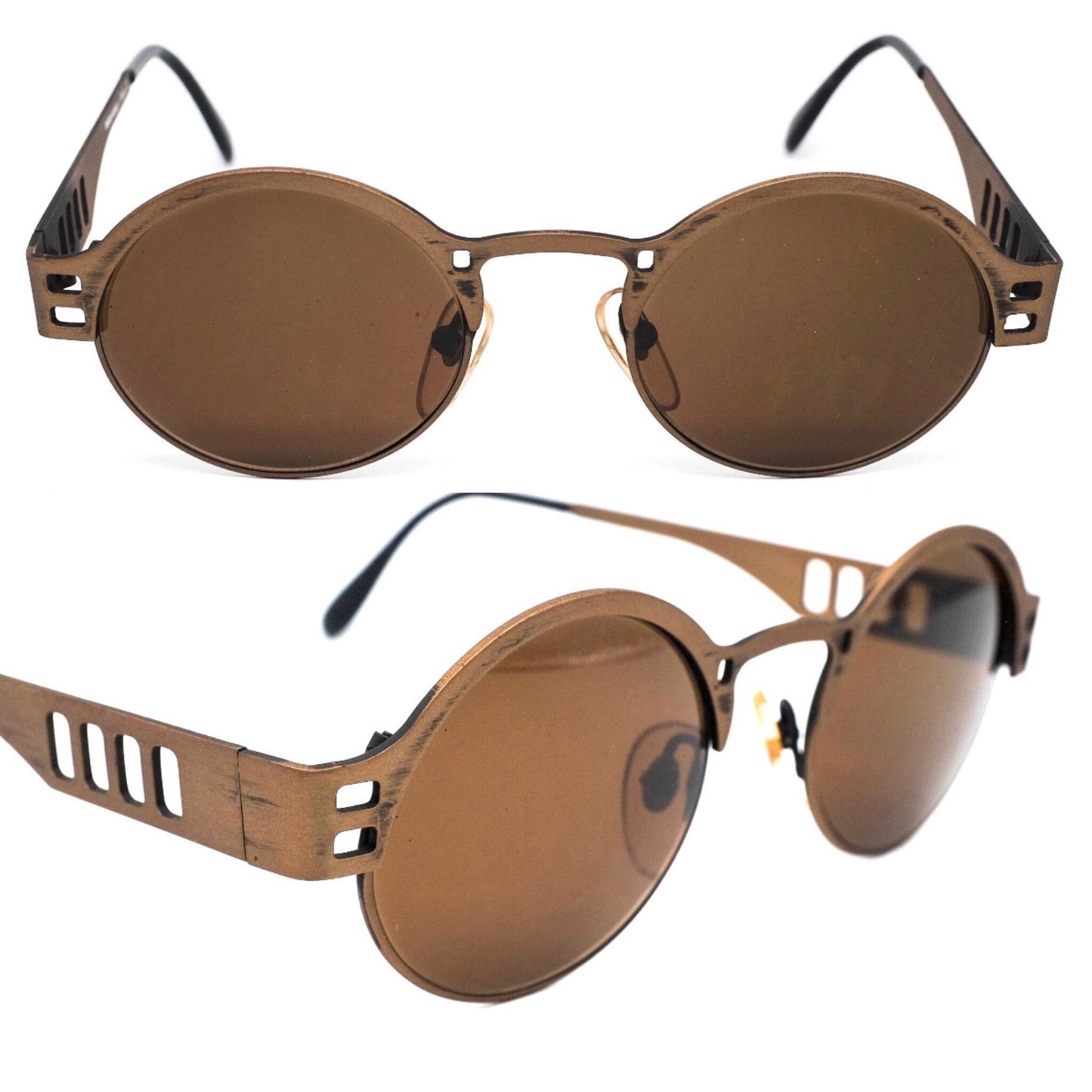 AndBad round steampunk sunglasses w cutoff detailed temples, made in antiqued brass metal , NOS 80s Italy