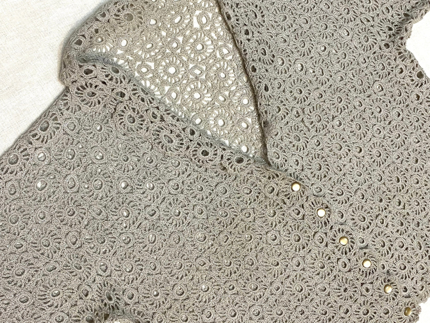 Crochet macramè grey/silver glitterswool handmade cardigan/jacket, in perfect condition and unique