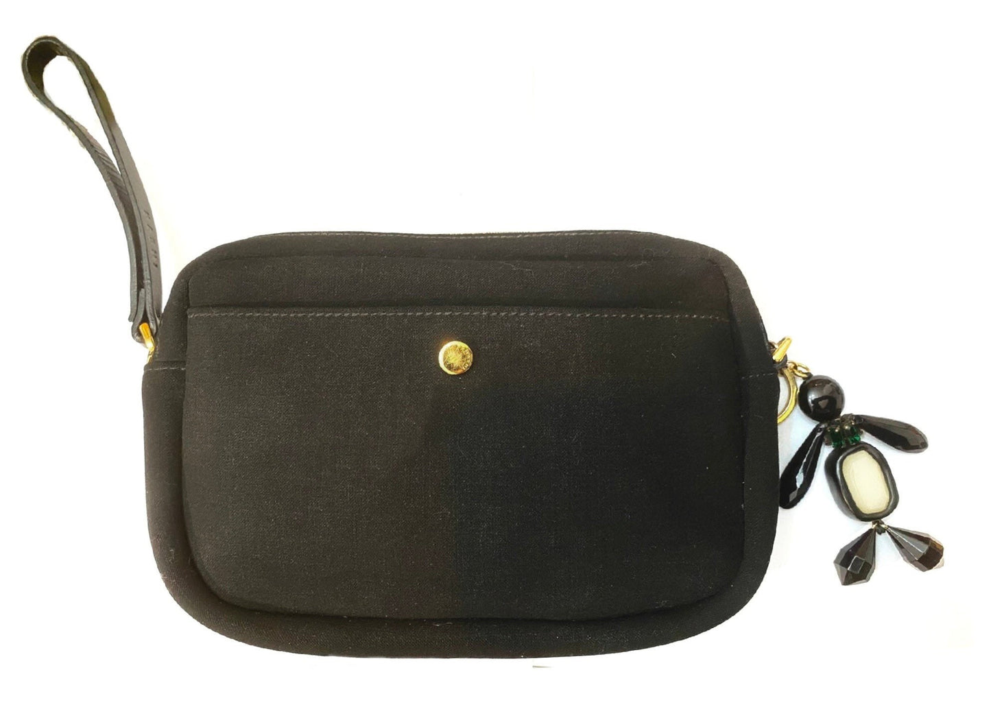 Marni black canvas pouch bag w leather handle & beaded keychain