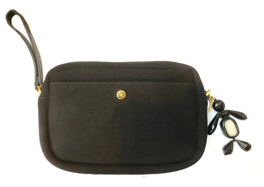 Marni black canvas pouch bag w leather handle & beaded keychain