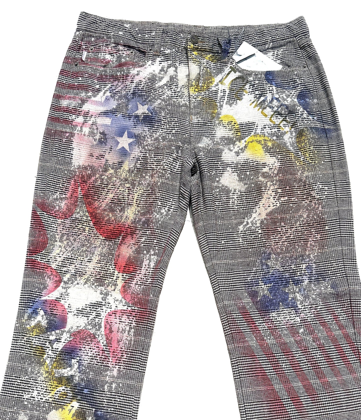 Iceberg Jeans flared checkered cotton trousers w pop- US flag inspired serigraphic hand print, stunning NOS 90s sz 32
