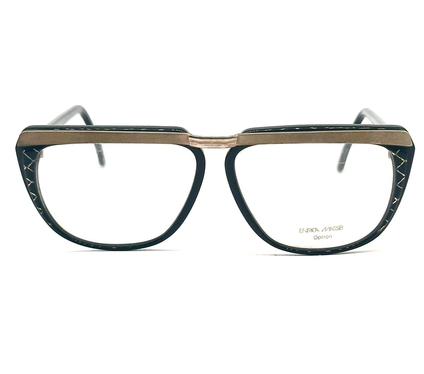 Enrica Massei modern square glasses in black or honey sparks w golden browline/bridge, 80s NOS