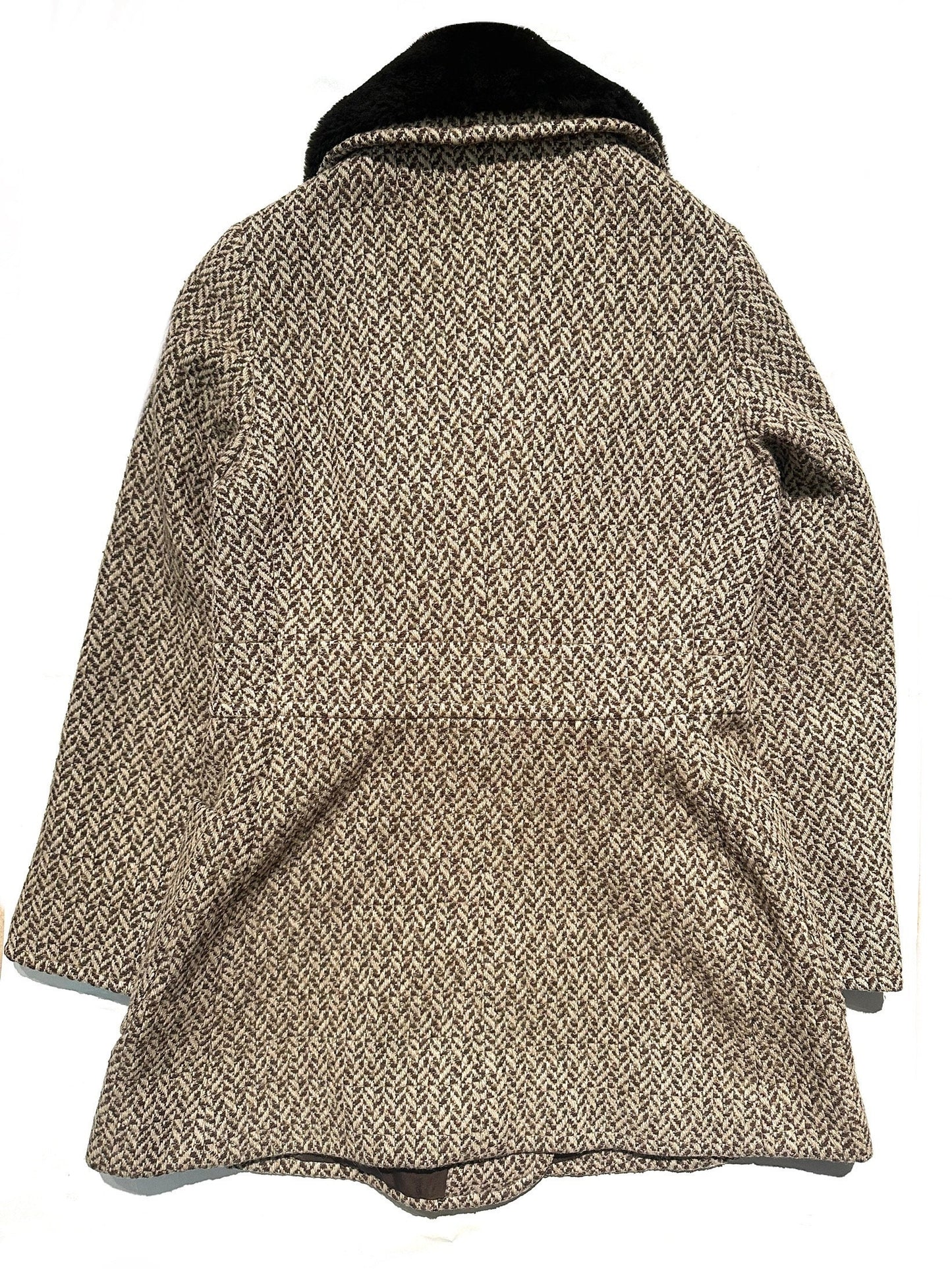 Modella 1970s beige/brown jacquard wool coat w/ faux fur collar, mint, sz 46