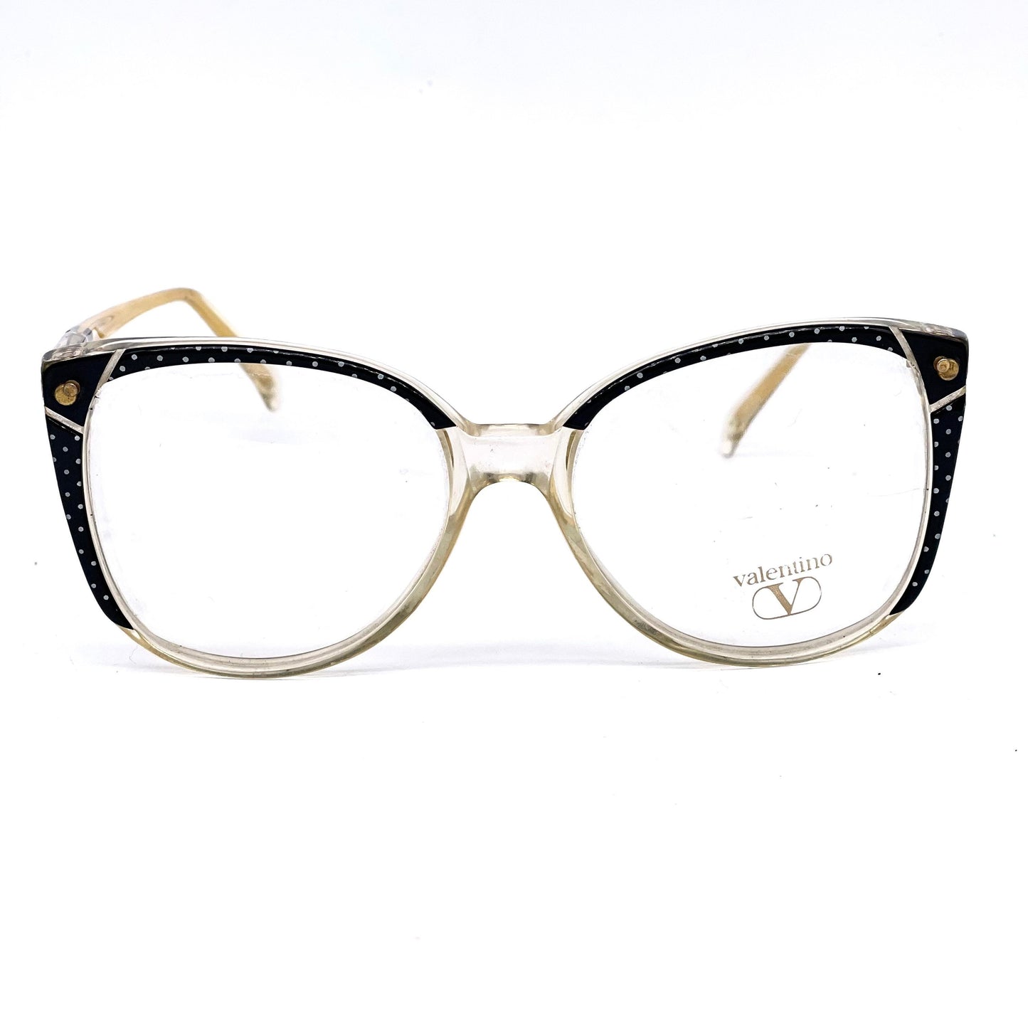 Valentino cool clear/black polka dot oversized ladies eyeglasses frames hand made in Italy, 80s NOS