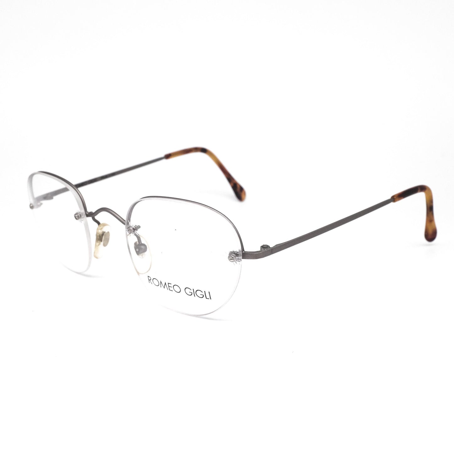 Romeo Gigli RG65  minimal square shaped gunmetal coloured metallic semi-rimless eyeglasses frames, NOS 80s Italy