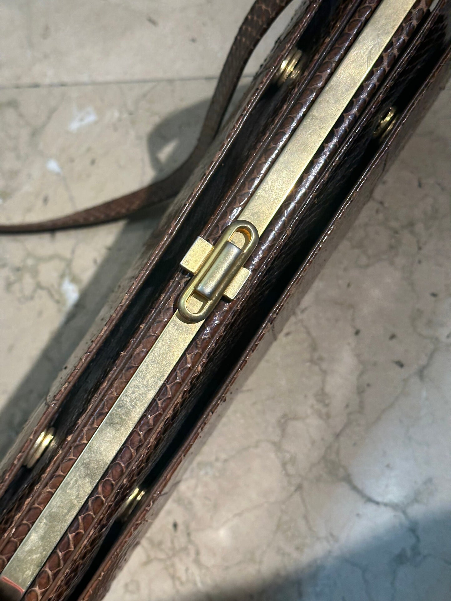 1970s artisanal snake leather shoulder bag, brown phyton skin evening pouch bag w/ golden brass framing, NOS 70s.