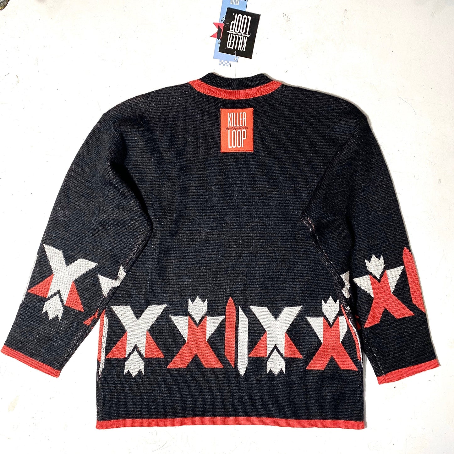 Killer Loop nos hip oversize fit black sweater with white/red Navajo/ geometrical motifs, 90s NWT