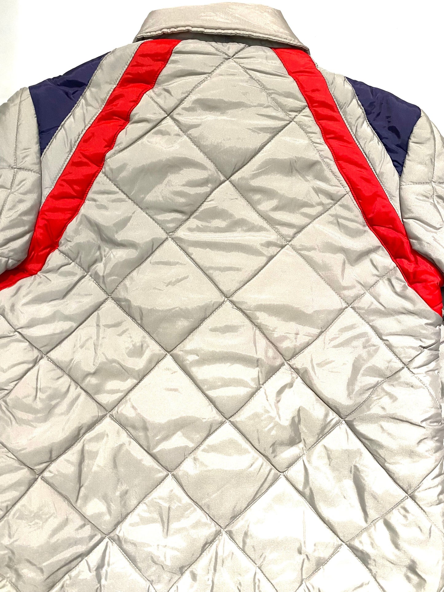 Viscosuisse grey quilted jacket with blue/red  inserts and retractable hood, sz S / 38