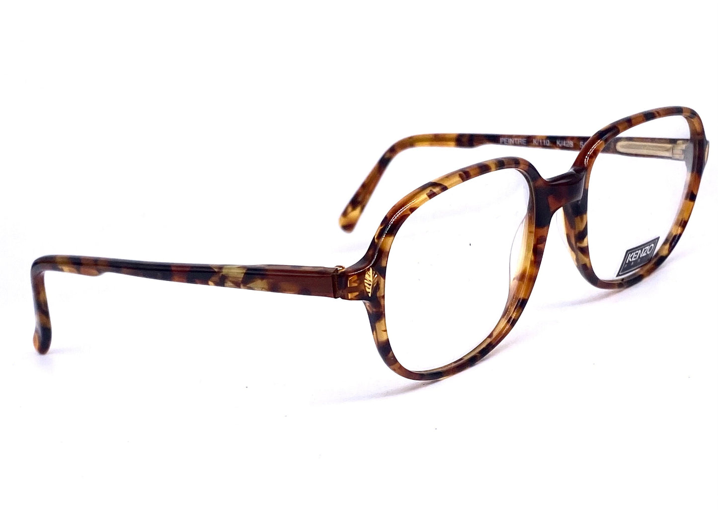 Kenzo K110 Peintre square tortoise cello eyeglasses w golden leaf pins, 2 colorways, NOs 80s Hand Made France