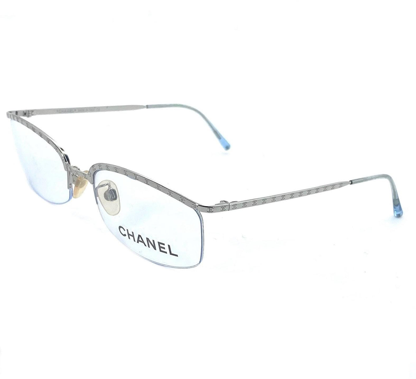 Chanel modernist half rim silver glasses w CC logo carved allover, NOS early Y2K mint