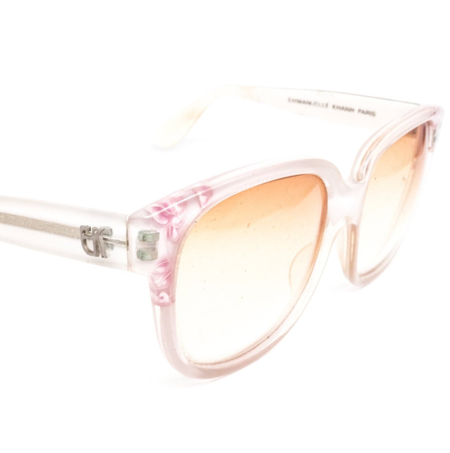Emmanuelle Khanh vintage artistic square sunglasses in white clear acetate with cherry blossom details Made in France