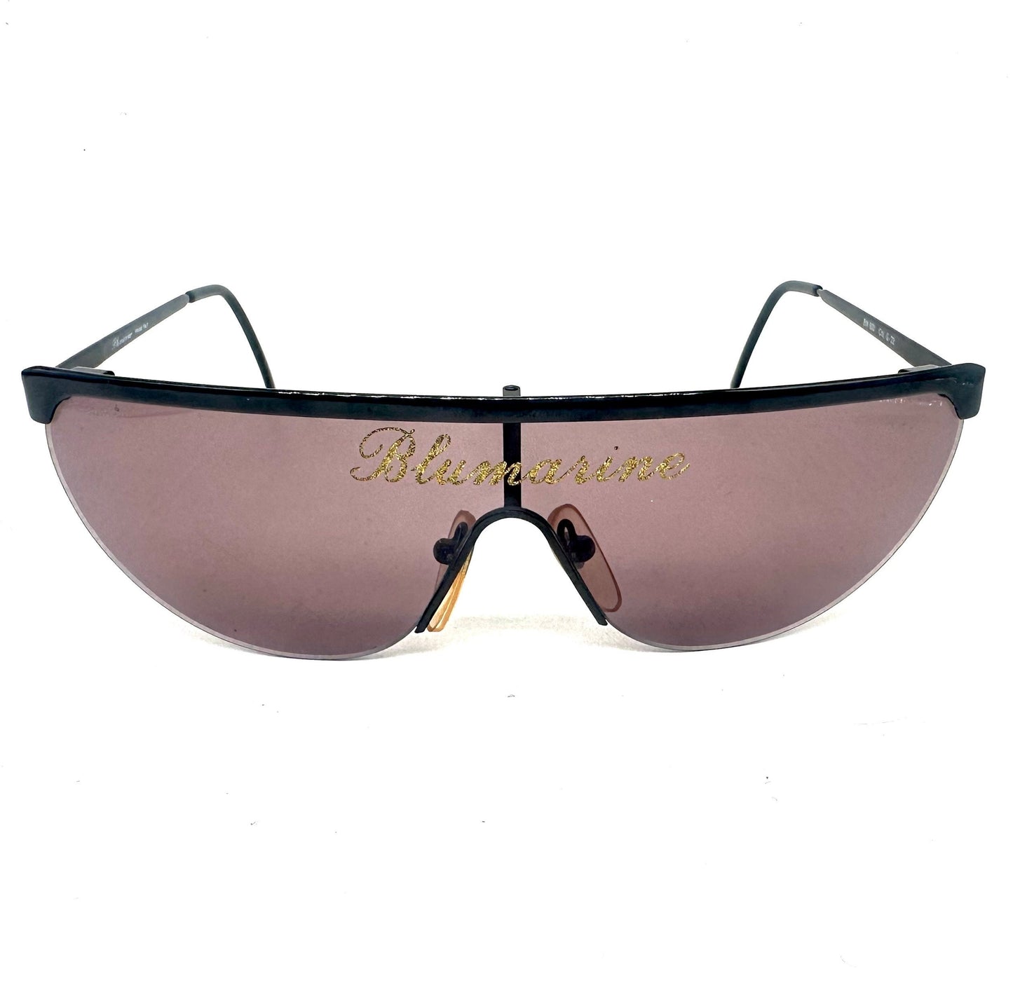 Bluemarine BM600 runway black shield sunglasses w golden glittered signature, NOS 80s Mint