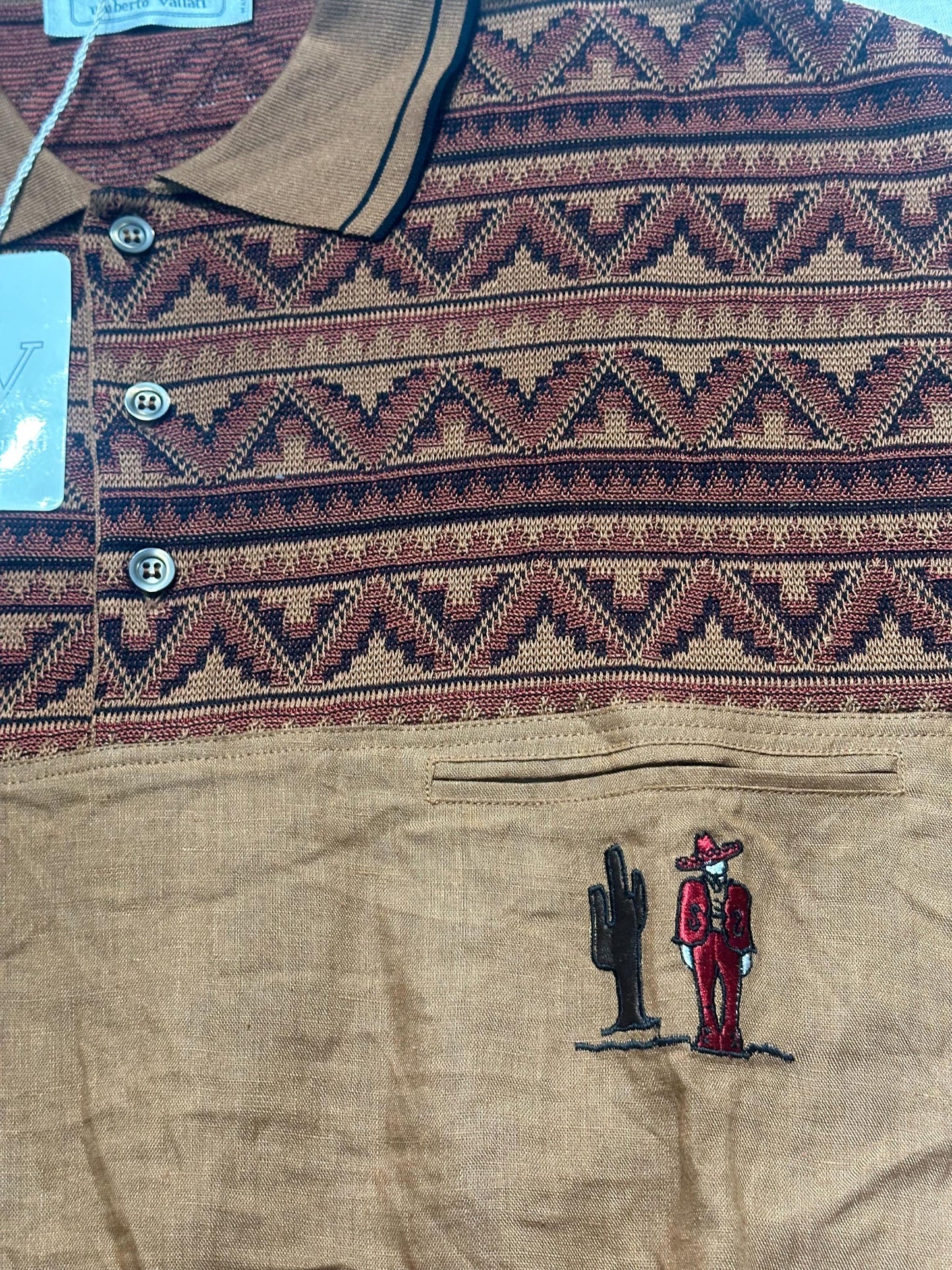 U.Vallati finest linen- Cotton knit polo shirt w Mexican embroidery, NOS 80s Italy