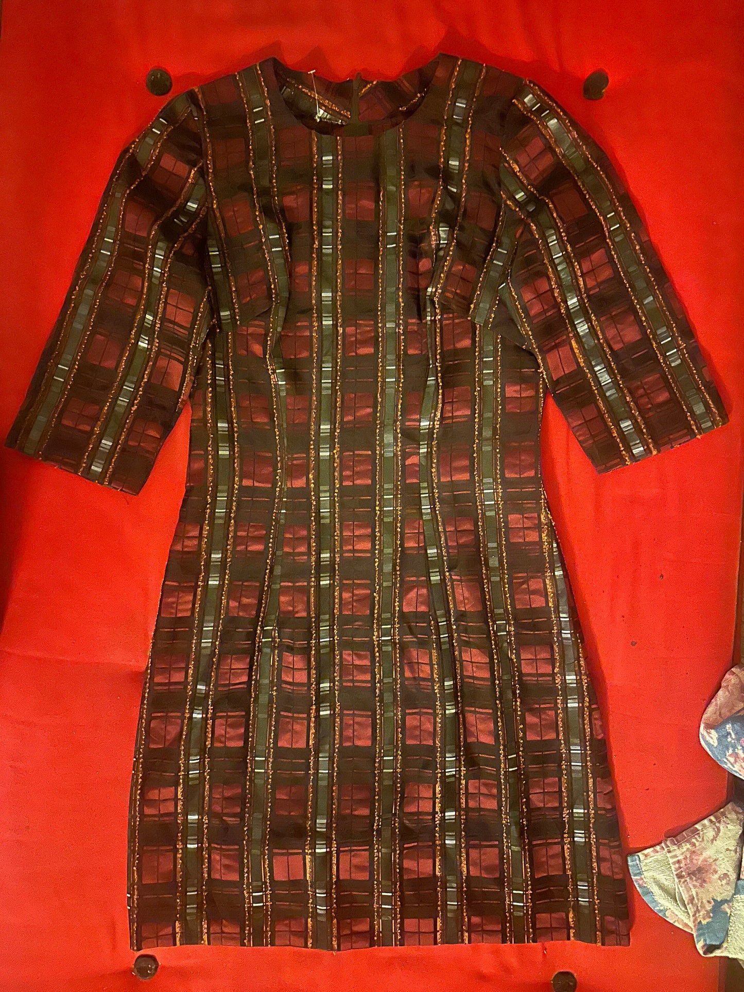 Tailor made tartan sheath dress in jacquard satin fabric, psz S/M, 1980s Italy