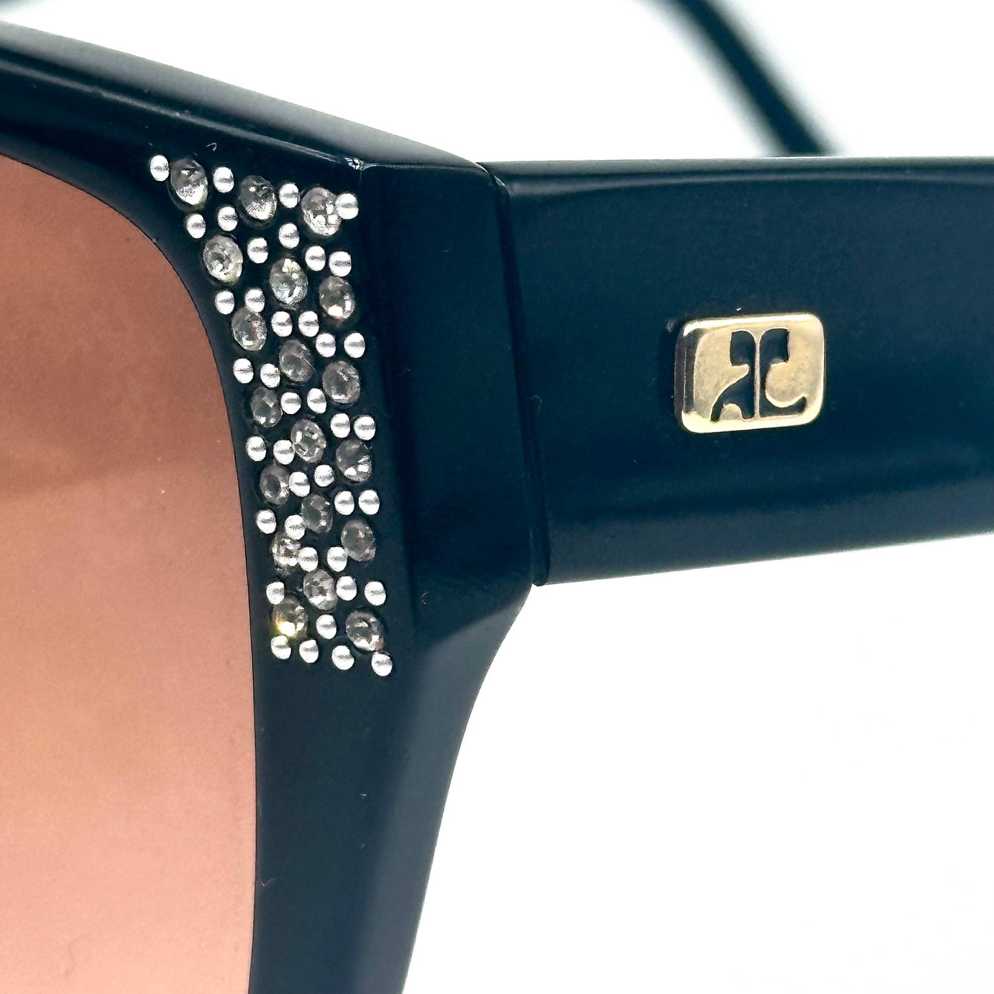 Courreges 8712 black oversized sunglasses w gold logo and Swarovski adornement, hand made in France