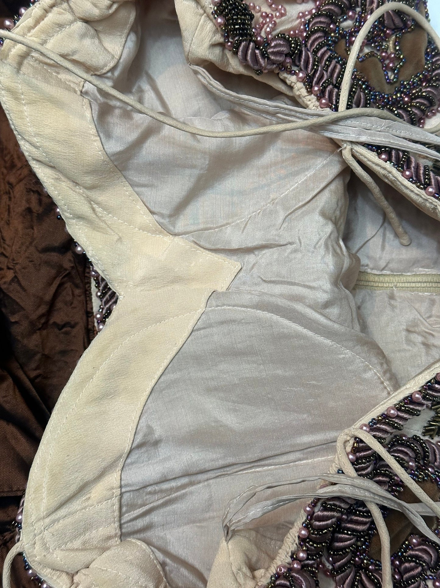 Gorgeous copper/pink tones hand embroidered pure silk dress made in India, 80s sz M