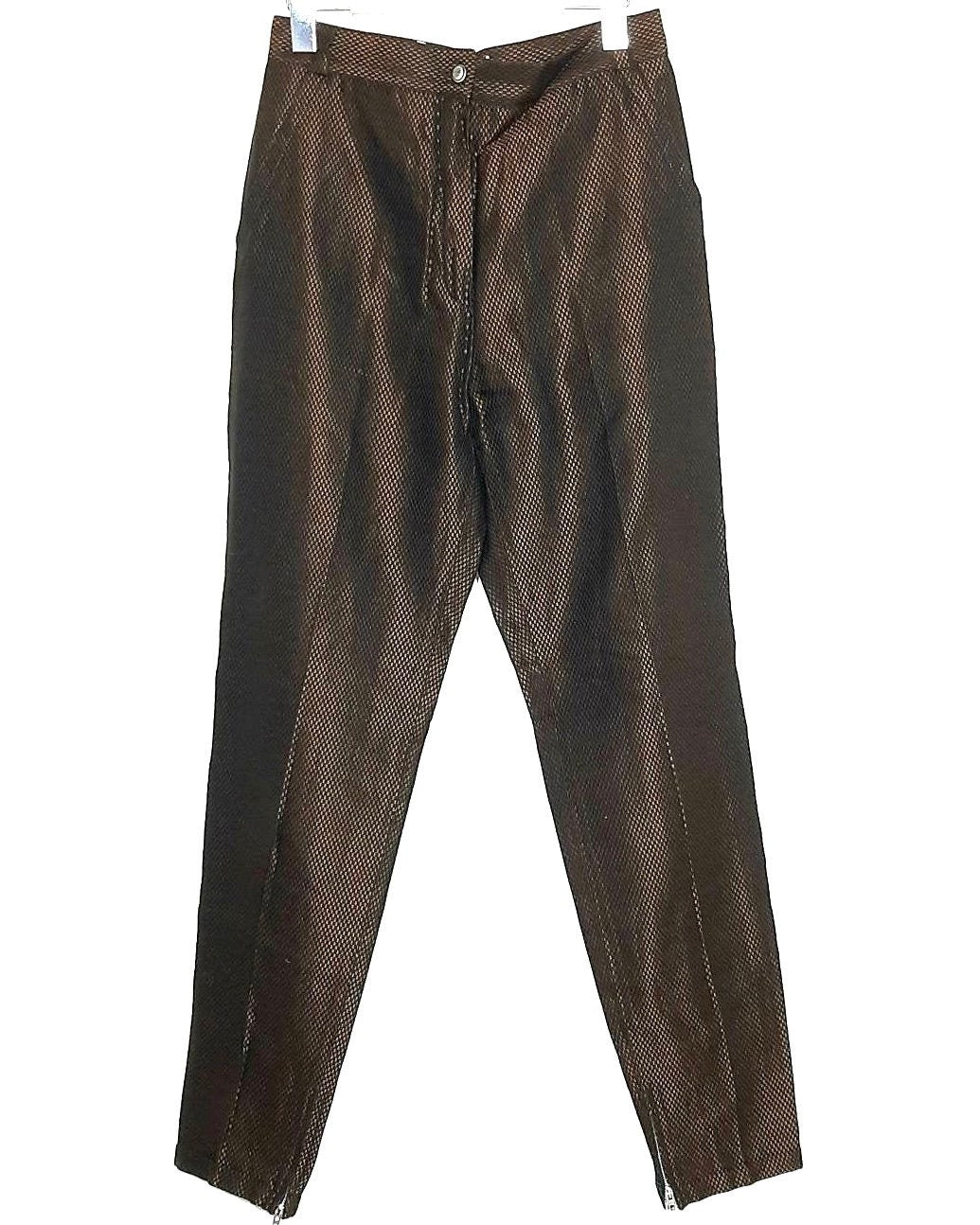 Gianni Versace classy sartorial trousers in brown checkered jacquard viscose, zippered ankles, NOS 80s W Tags