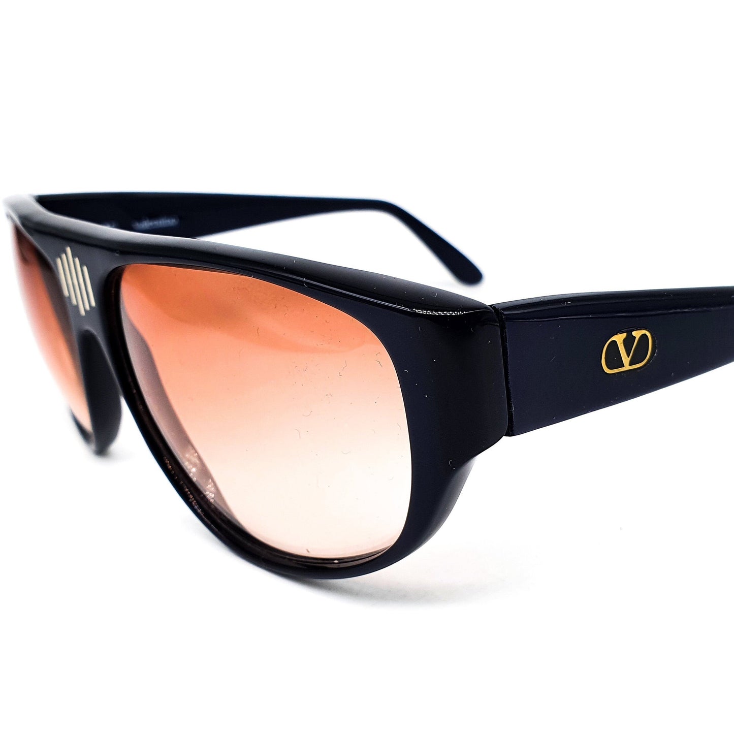 Valentino 532 76 Oversized black cellulose acetate sunglasses with flat browline, 1980s NOS made in Italy