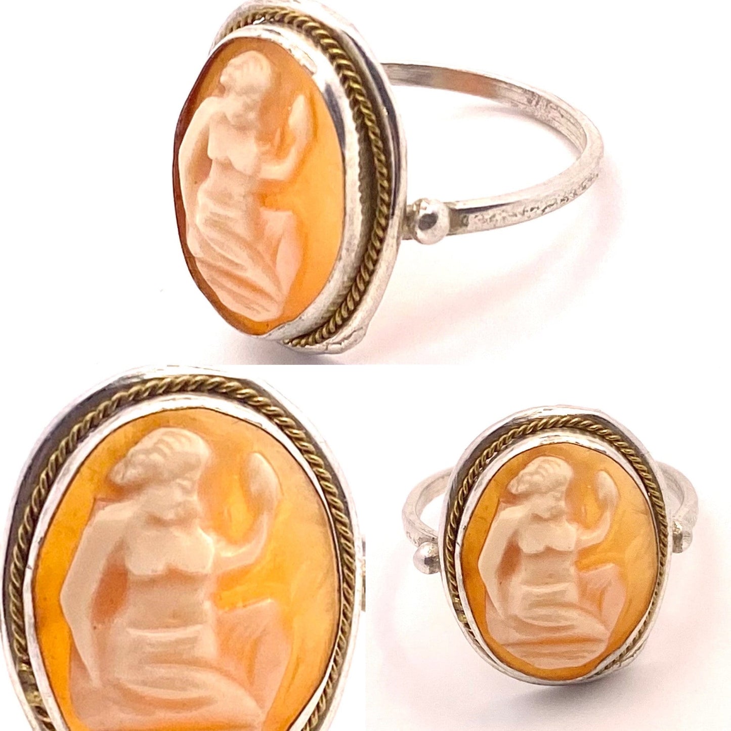 Antique Silver cameo ring w hand carved coral - Shell female figure / Greek Goddess, New from deadsrock