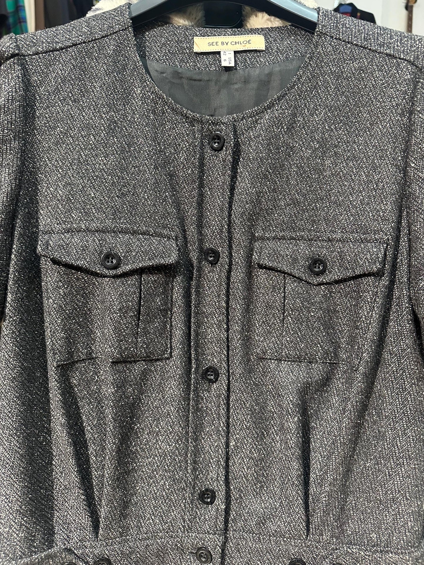 See by Chloè wool dark grey tweed mini dress made Italy sz-42 M