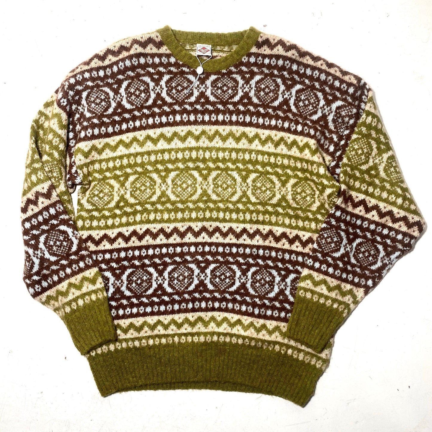 Martin Guy 80s softest wool/alpaca blend winter knitted jumper, green brown and turquoise geometrical allover, NOS 80s Italy