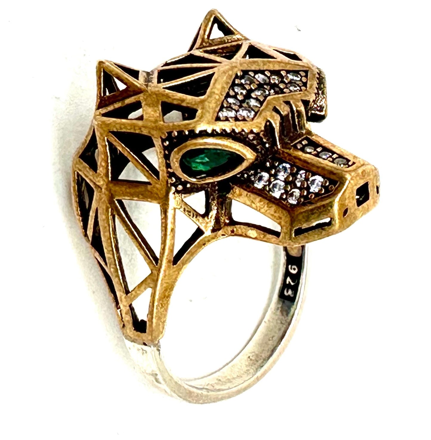 Anubi low-poly 925 silver-brass ring embellished w crystals, Beautiful and mint