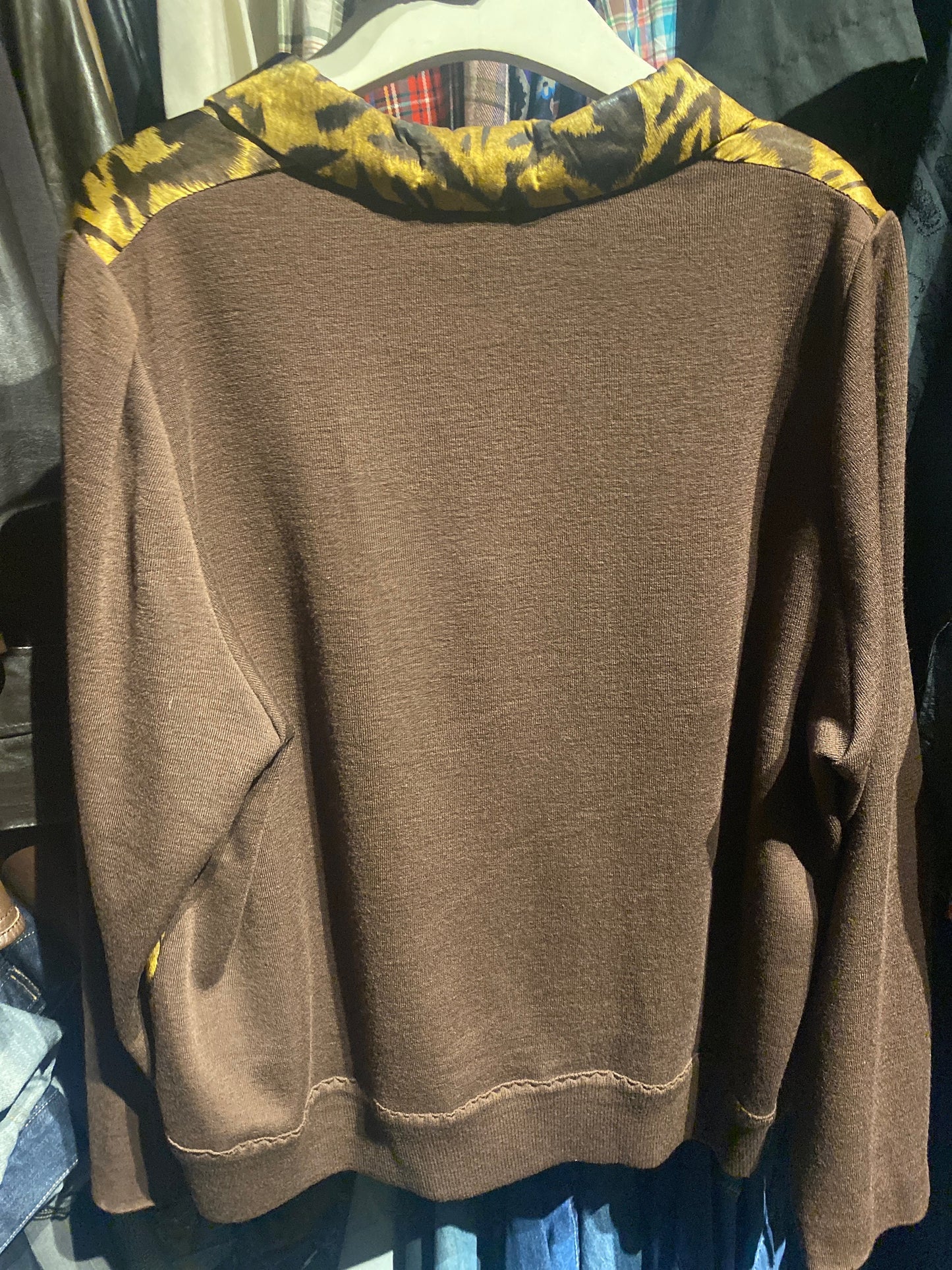 Brown fine wool button up jumper with animalier silk coated front, buttons and collar. artisanal/sartorial make, finest finishings
