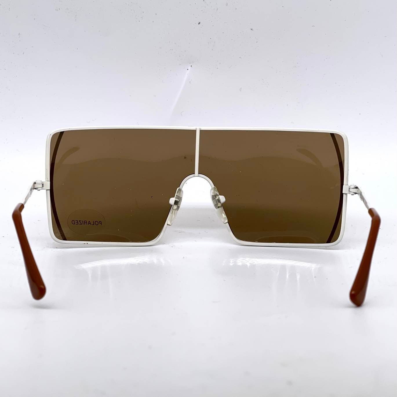 Krizia KM2 minimalist squared shield sunglasses in white & brown enameled metal, NOS 80s