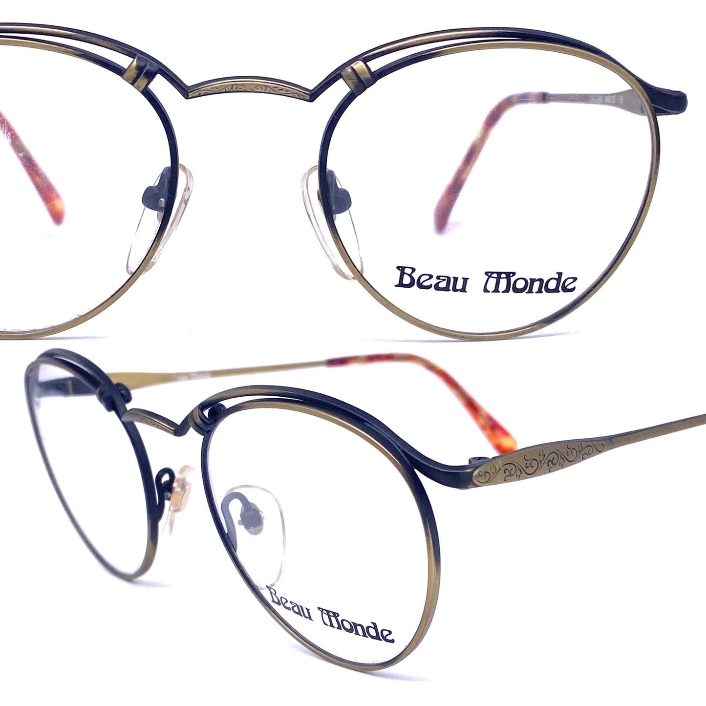 Beau Monde Chelsea luxury round-pantos eyeglasses frames in antiqued brass w- decó style carvings, NoS 80s Japan