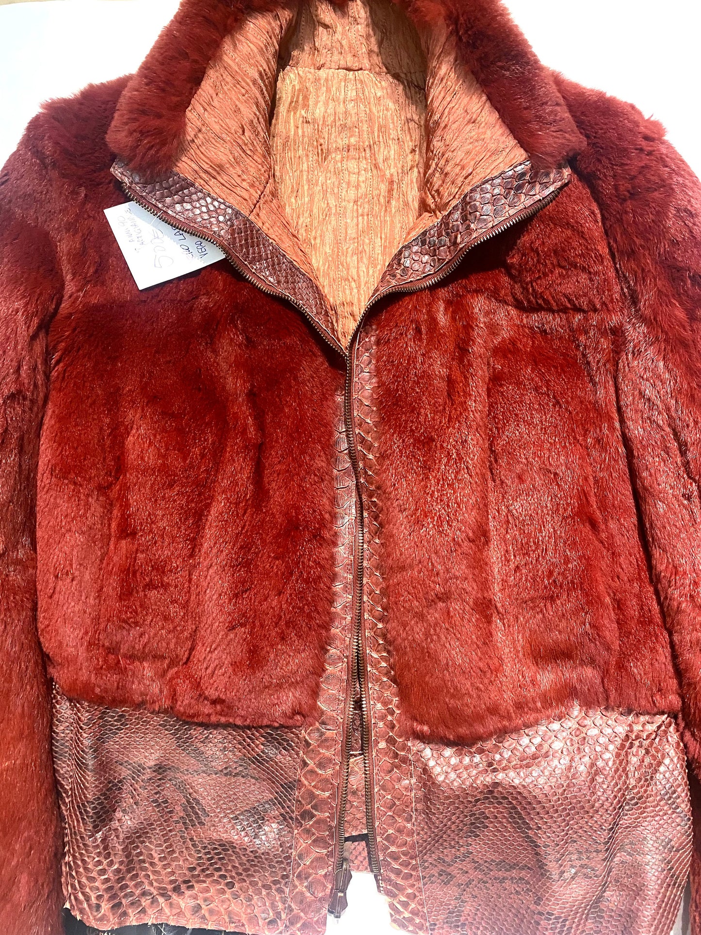 Artisanal 2 in 1 lapin fur / satin crèpe  jacket w python leather details, NOS 90s Italy sz 46