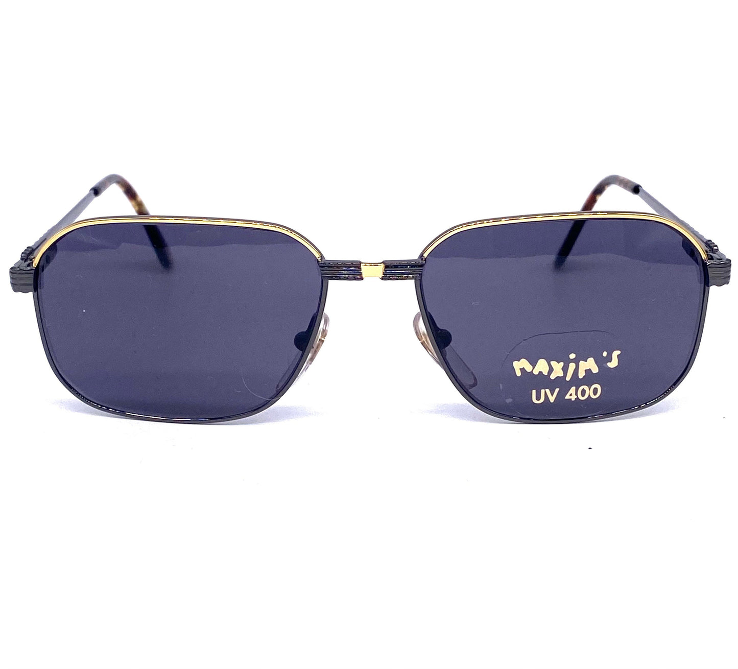 Maxim’s de Paris luxury rectangular metal sunglasses w carved details, in 2 colorways, NOS 90s Italy