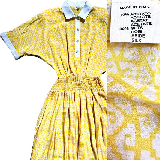 Bugia 1970s canary yellow / white geometrical print silk blend mido dress, preppy/ BonTon vibe, NOS