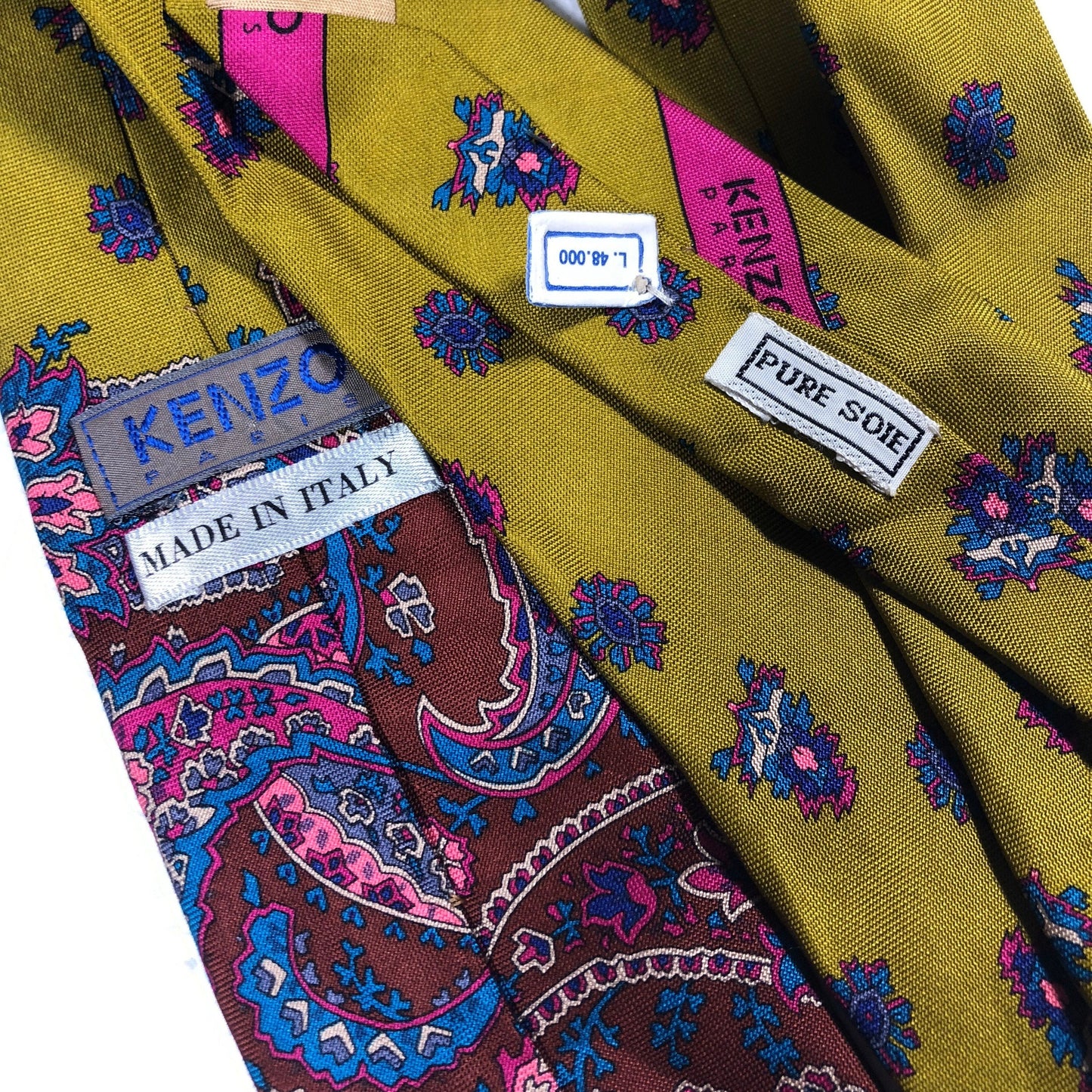 Vintage Kenzo 90s NOS pure silk ties, floral, regimental, paisley, 7 designs new with tags
