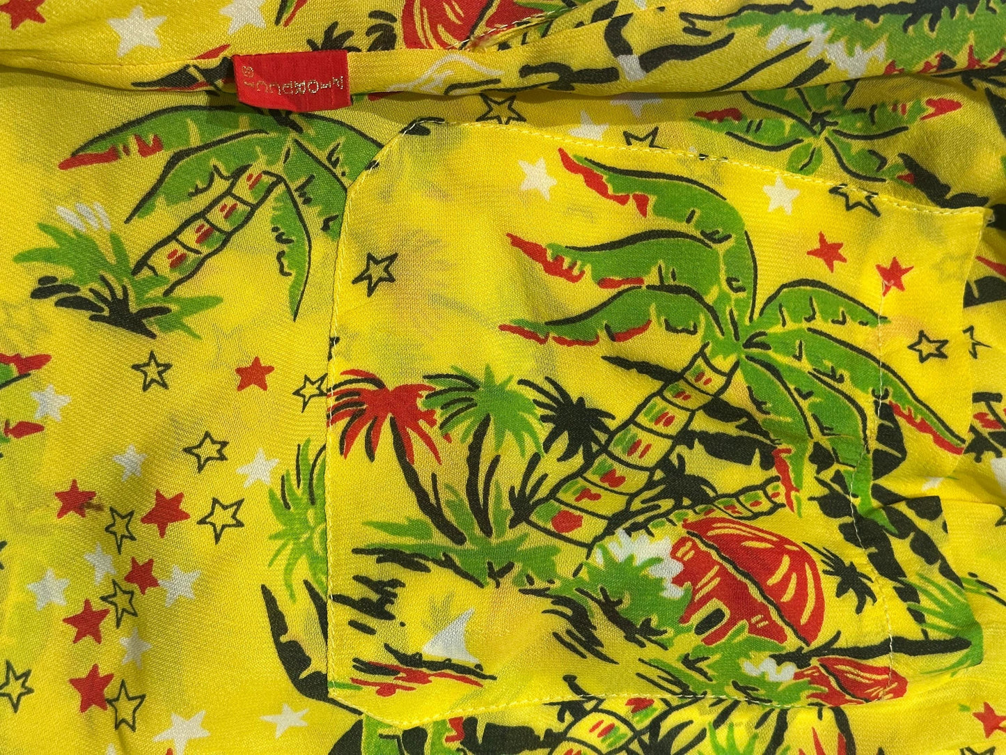 Fiorucci cool yellow Aloha beach trousers w Palms, surfers and stars/moon allover, Italy 80s