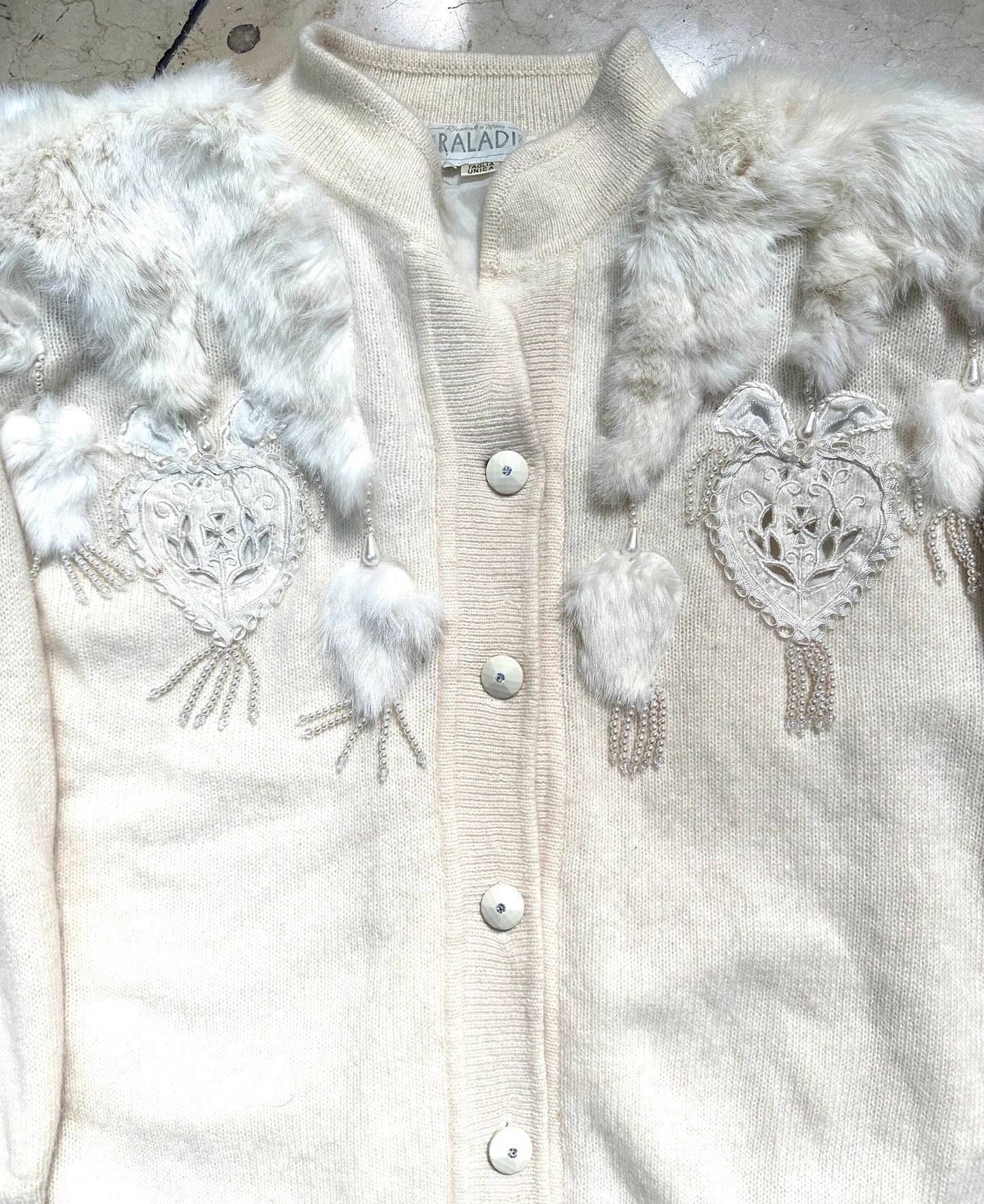 Hand Embroidered softest wool & angora w/ lapin fur inserts, total white Cardigan by Raladi Rome, mint
