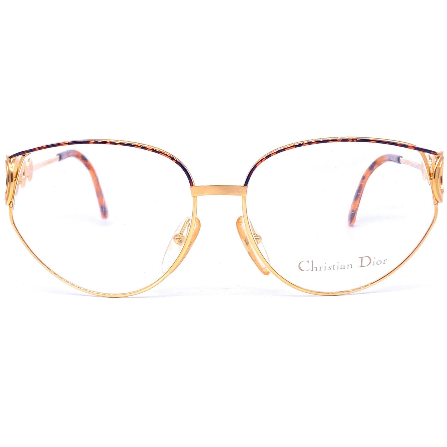 Christian Dior 2750 golden cateye oversized eyeglasses, space age cutoff oblò details, 1980s NOS