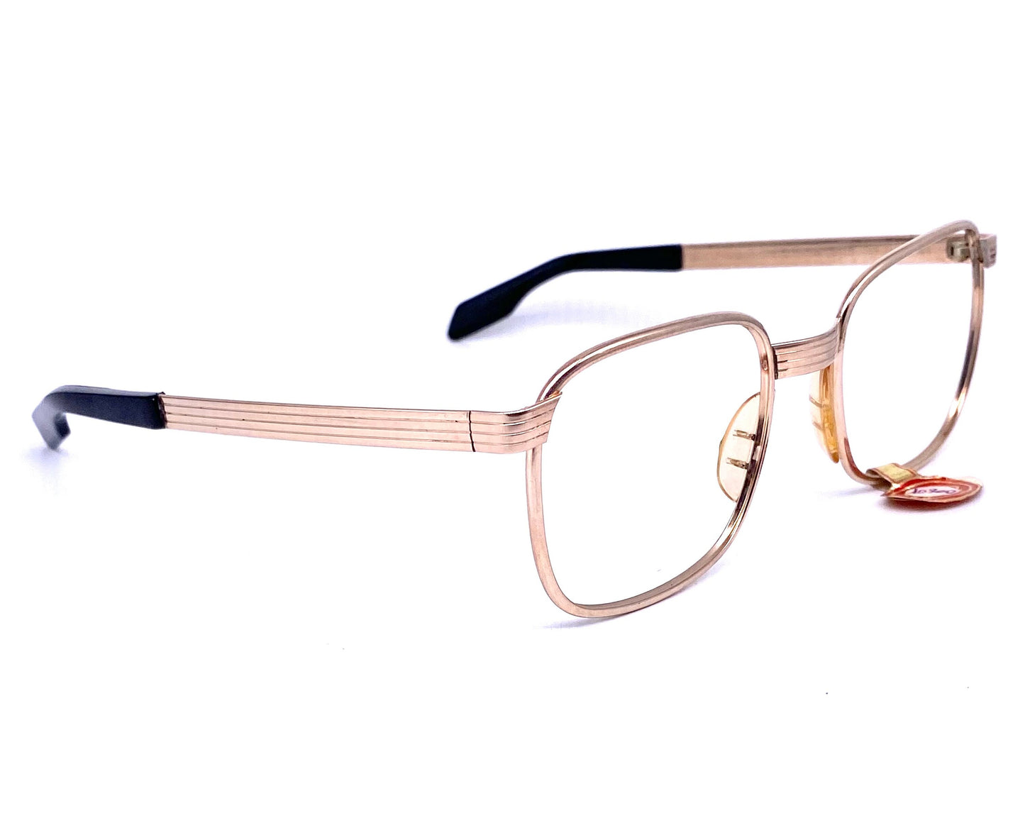 De Lotto real gold plated 20k square metal frames w/ thick bridge & temples adorned w/ carved lines, 1960s NOS Italy