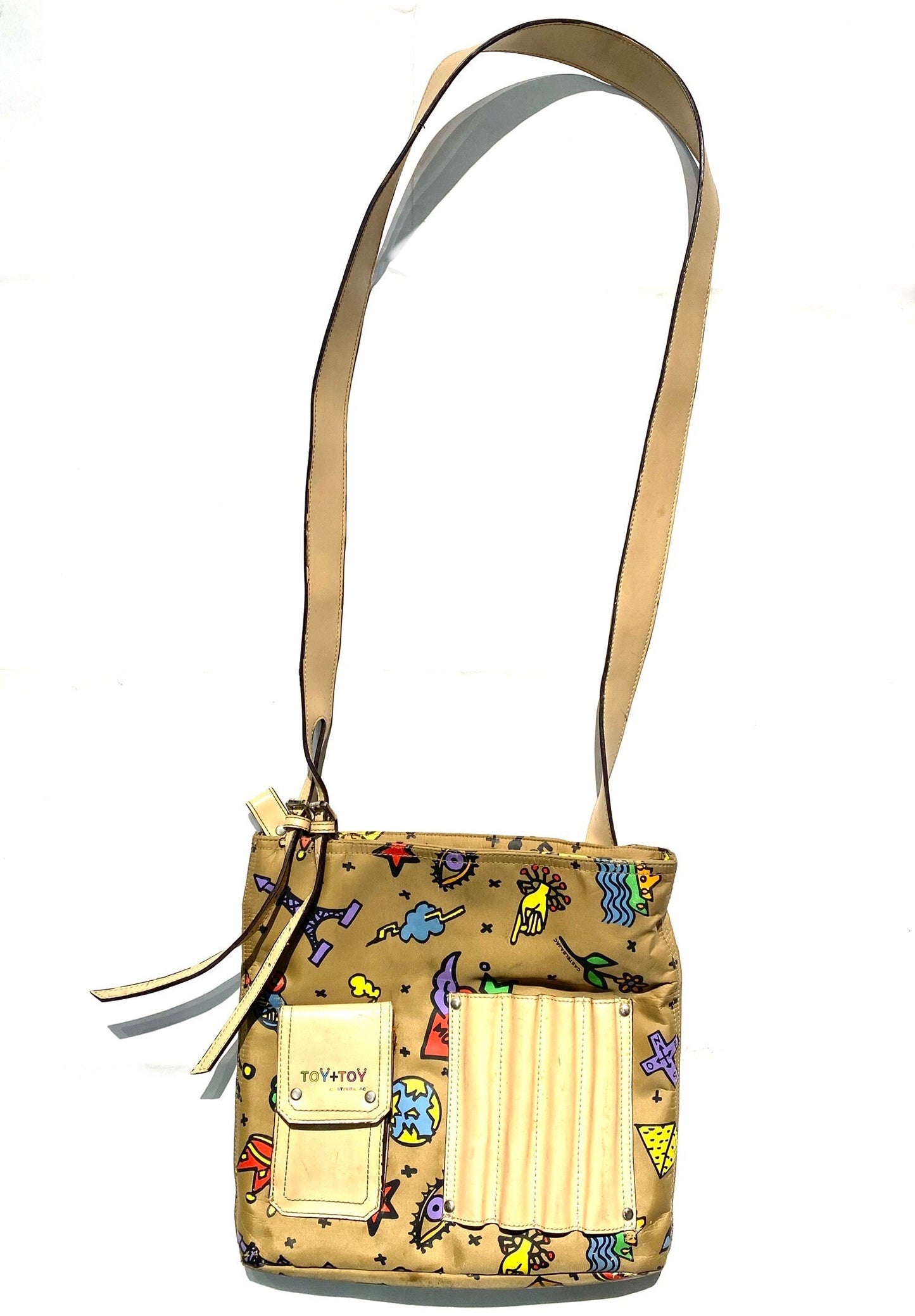 J.L.Castelbajac beige canvas-leather shoulder bag w pop-art comics print allover, great condition