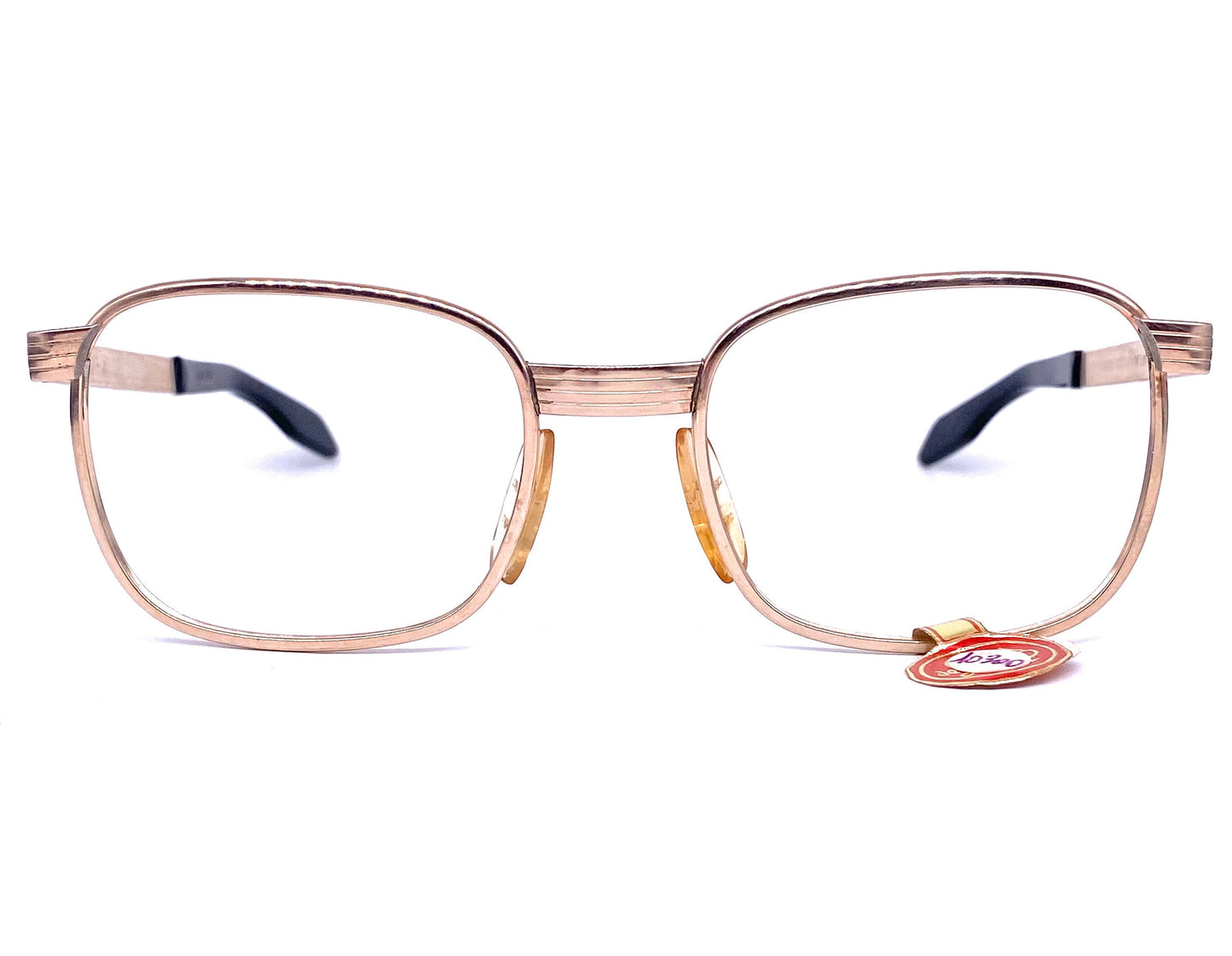 De Lotto real gold plated 20k square metal frames w/ thick bridge & temples adorned w/ carved lines, 1960s NOS Italy
