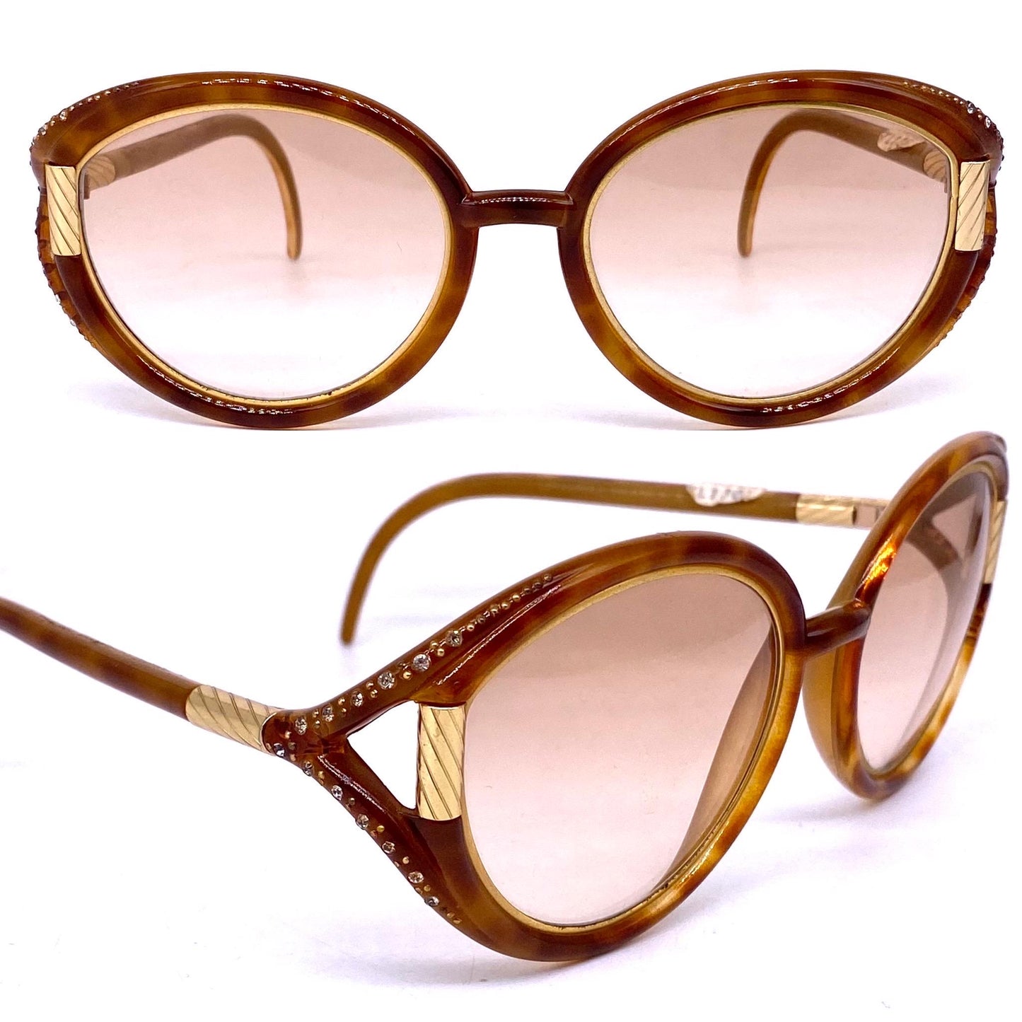 Ted Lapidus Paris 70s NOS round oversized sunglasses in tortoise - gold w Swarovski details, wonderful collectible piece