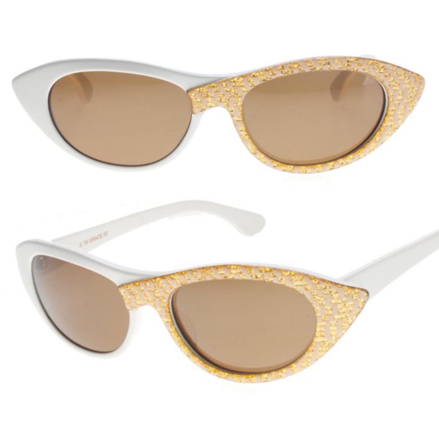 Nouvelle Vague white pointed cateye sunglasses with golden asymmetrical fabric inlay, NOS 80s Italy