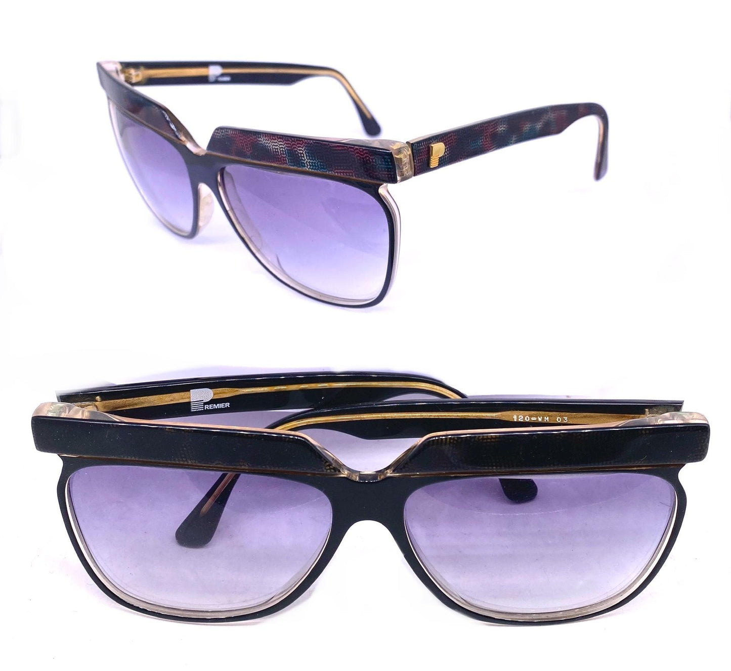 Premier Paris squared butterfly oversized sunglasses w/ glitched pixel art texture in 2 colorways, NOS 80s France