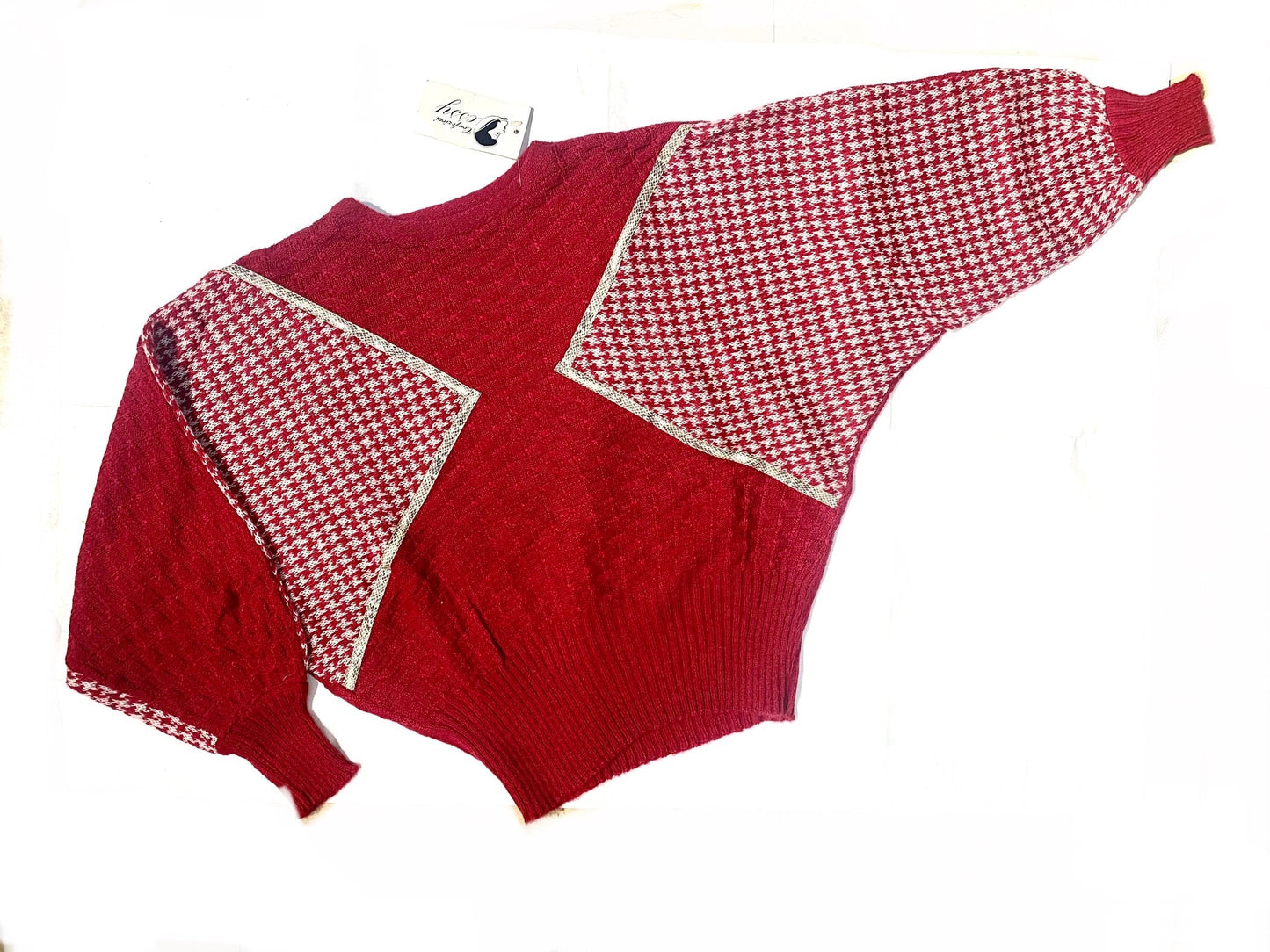 Dessy Couture mohair blend bag-sleeve crop top geometrical patterned sweater 70s BNWT Italy