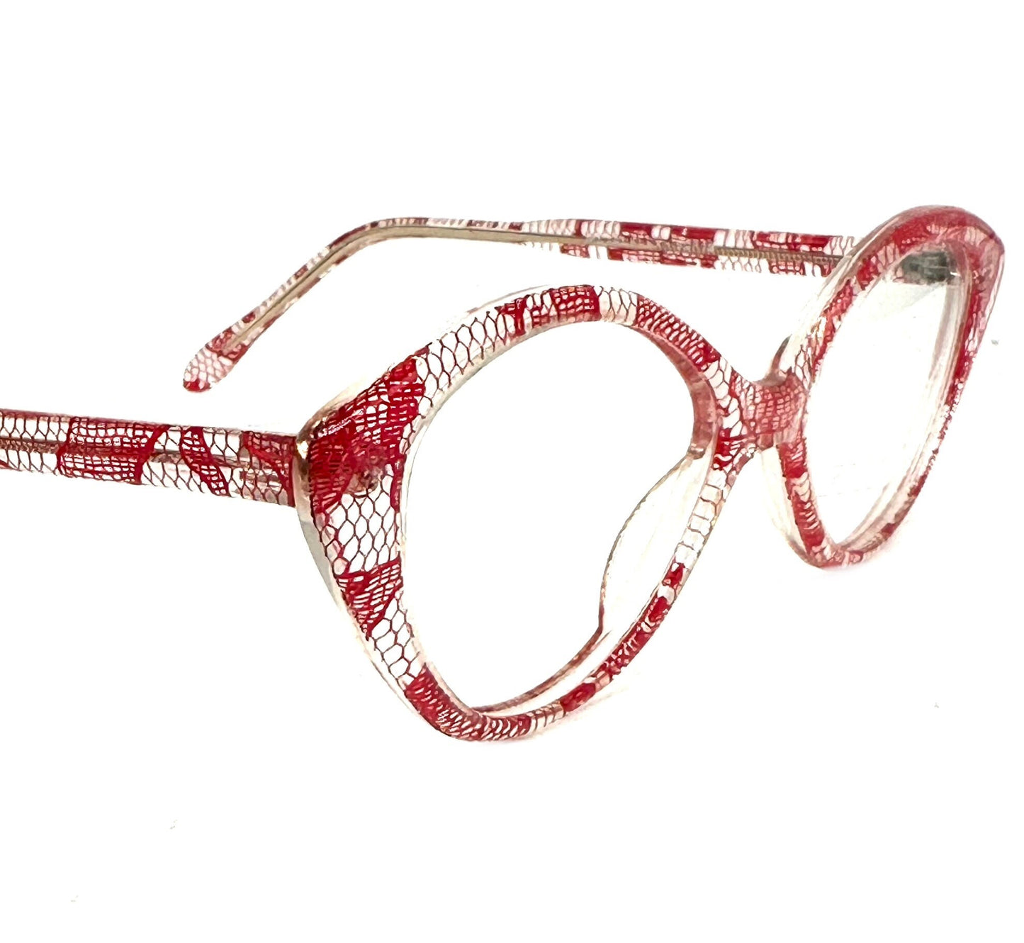 Fiorucci 218 clear cateye glasses frames w red laces inlaid, NOS 80s Italy