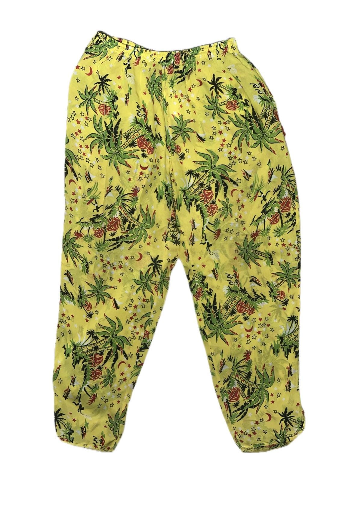 Fiorucci cool yellow Aloha beach trousers w Palms, surfers and stars/moon allover, Italy 80s