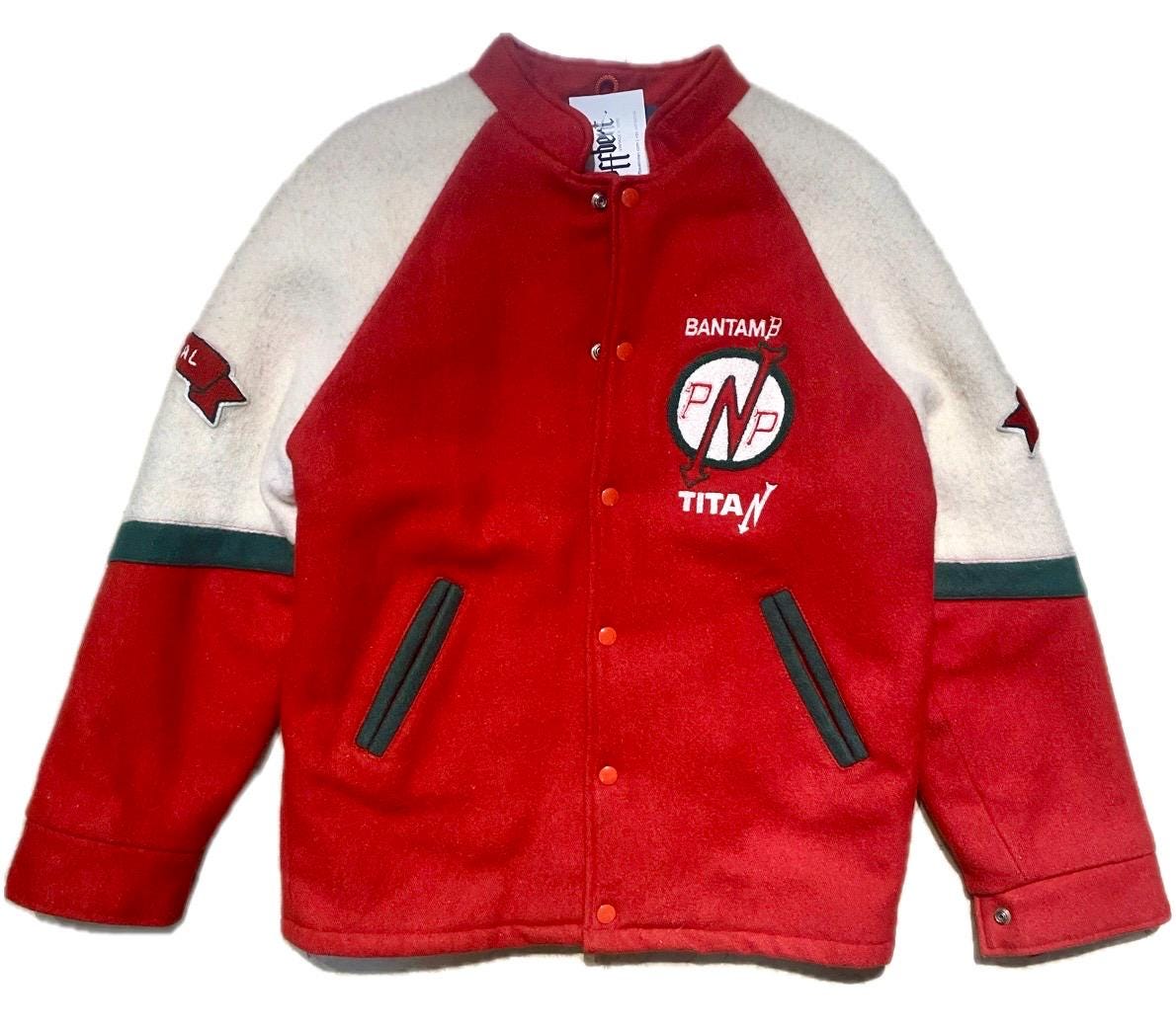 BantamB Titan red-Whire-Green winter wool varsity jacket sz L, great condition