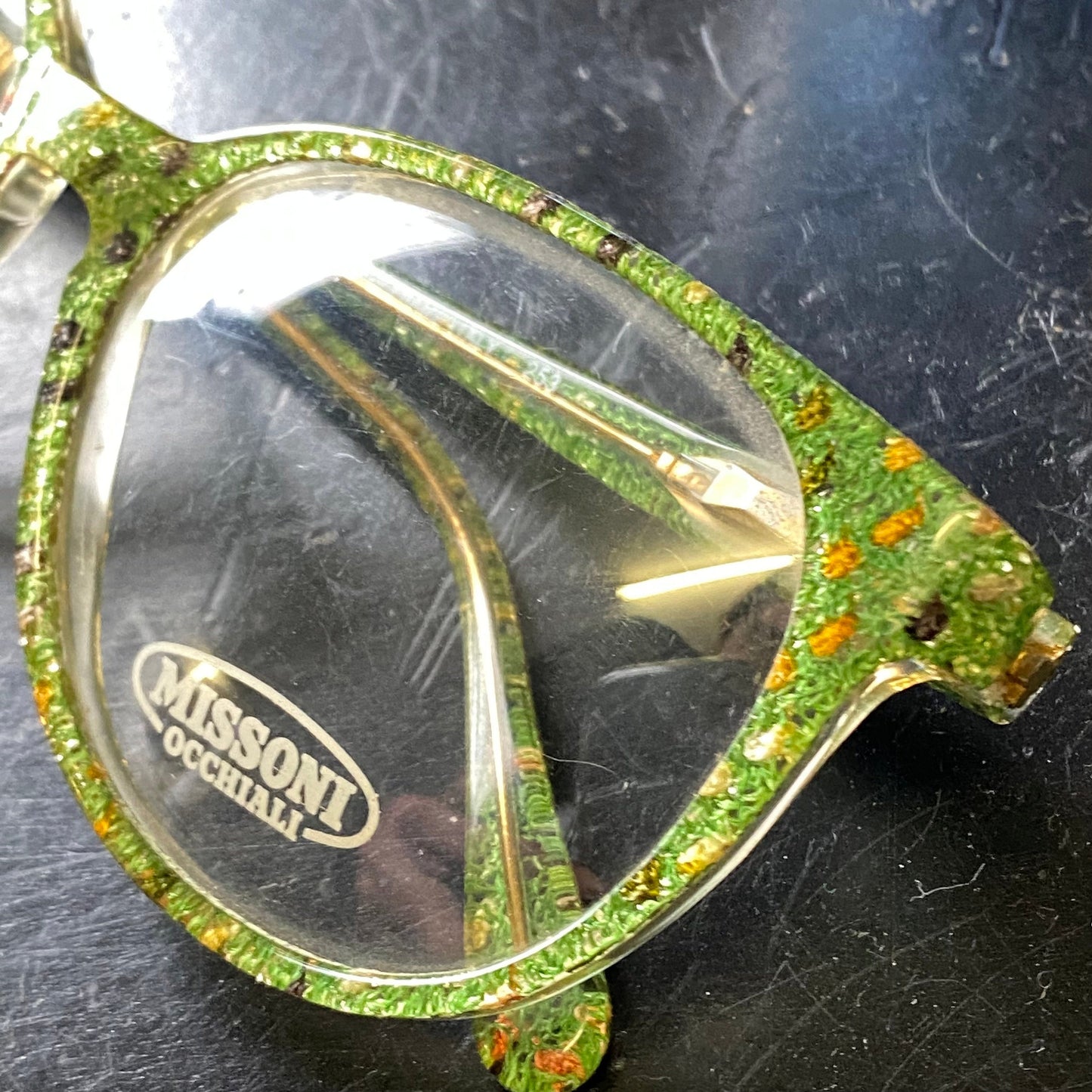 Missoni M507 iconic real fabric inlaid square unisex frames, green base with multicolor dots, NOS 80z