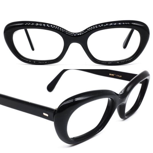 Occhiali da vista Tiger anni '50 NOS cateye ovali neri lucidi stile pin up fatti a mano in Italia, NOS